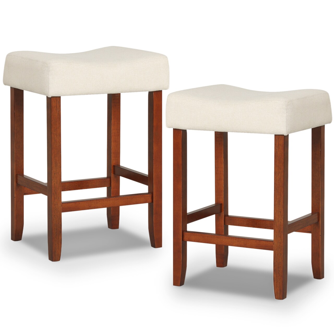 Set of 2 Backless Saddle Seat Bar Stools 24 Inch Counter Height Stools with Linen Cushion and Rubber Wood Frame